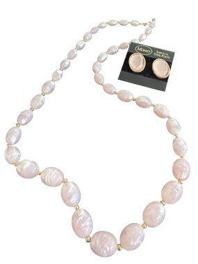 VTG Monet Pink Pearl Graduated Opera Necklace & Clip-On Earrings Set